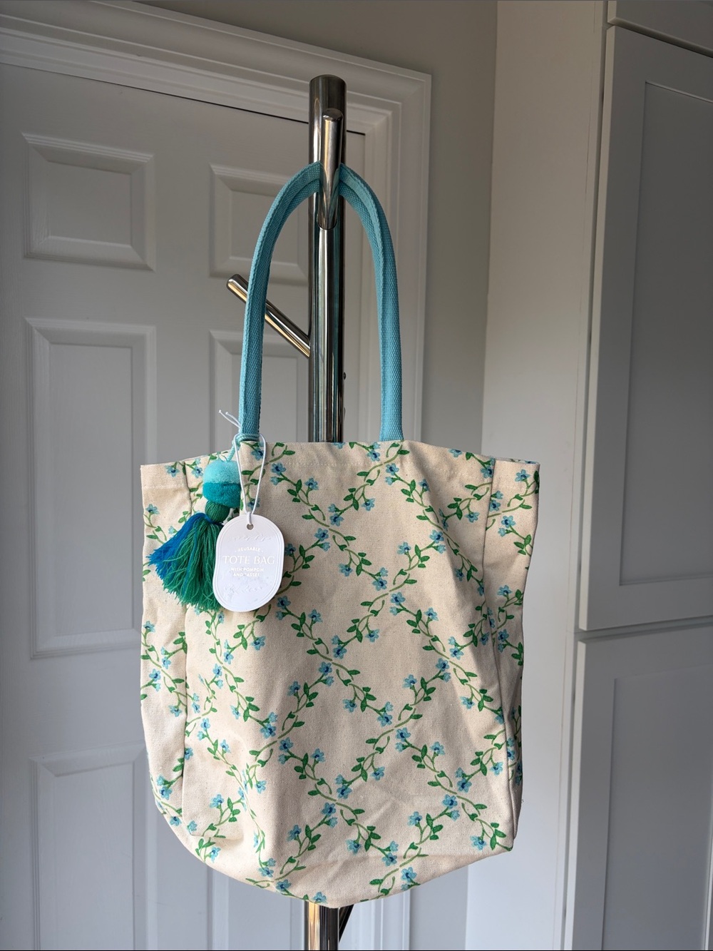 Casey Krimmel Canvas Floral Tote Bag with Teal Handles